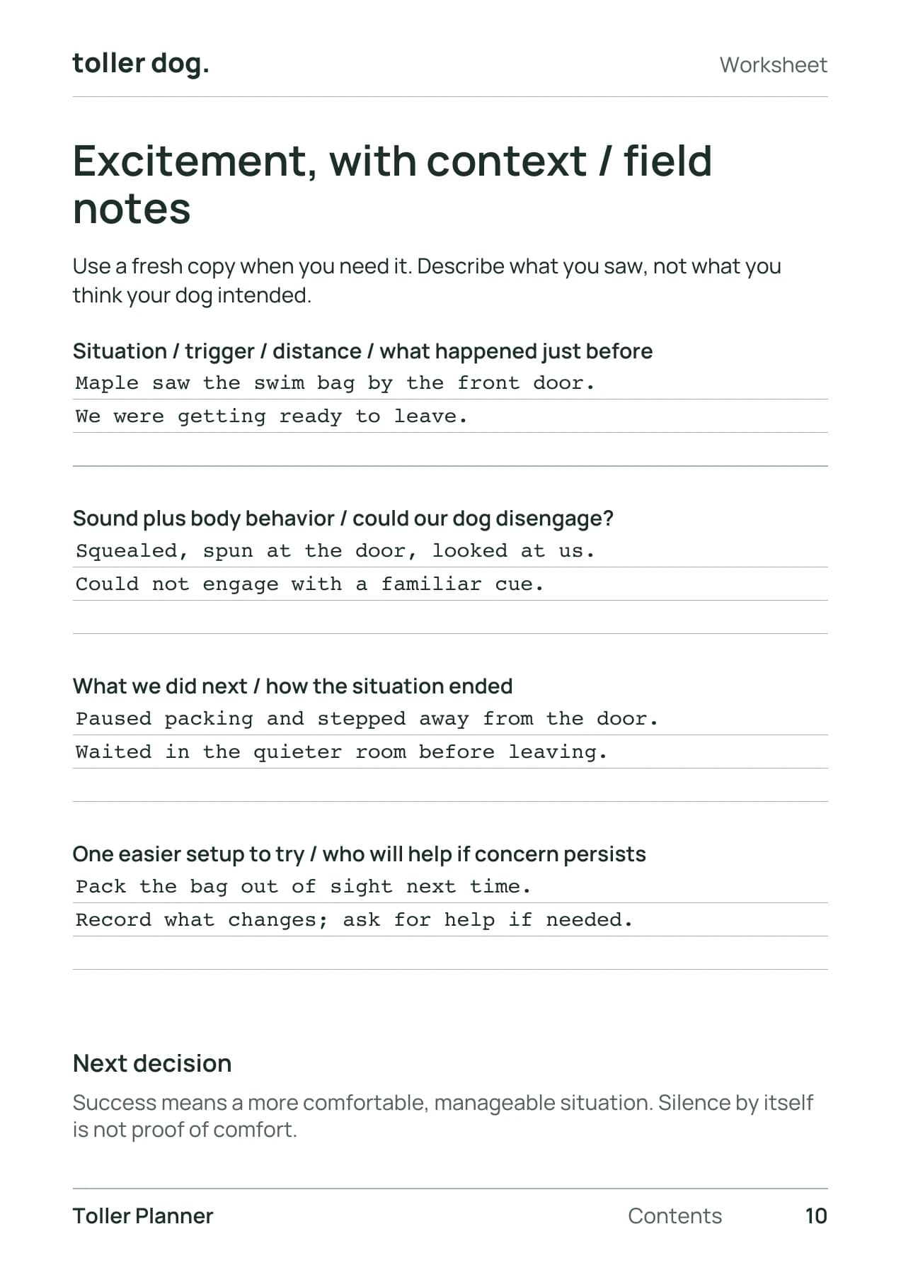 Toller activity planner with filled-in example notes
